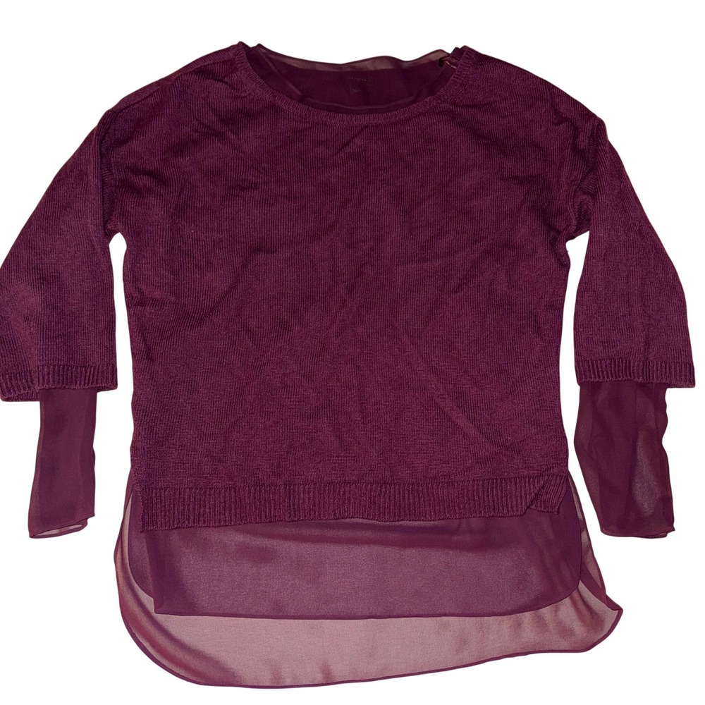 The Loft Marled Knit Sheer Chiffon Overlay Sweater Plum‎ Size Large